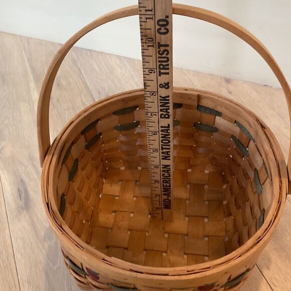 Vintage Basket Woven Wood Slat Hinged Handle Apple Design Green Accent 8.5x10” - Picture 13 of 16